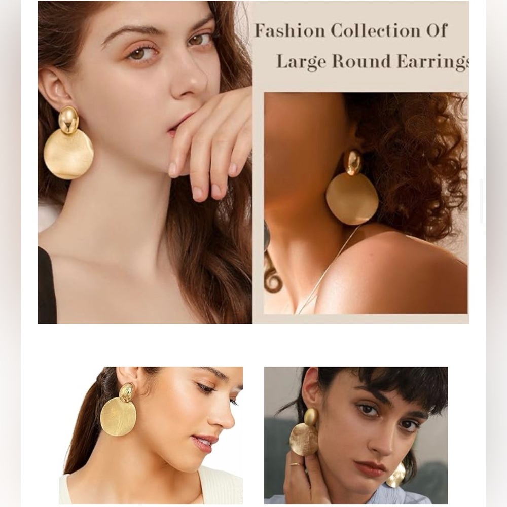 Statement Drop Gold Dangle Round Hammered Earrings - image 3